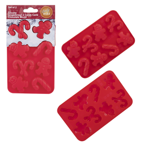DAILY BAKE SILICONE GINGERBREAD & CANDY CANE 8 CUP CHOCOLATE MOULD SET 2 - RED