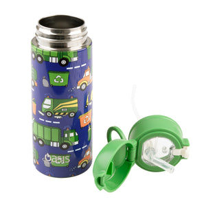 OASIS STAINLESS STEEL DOUBLE WALL INSULATED KID'S DRINK BOTTLE W/ SIPPER 550ML - GARBAGE TRUCKS
