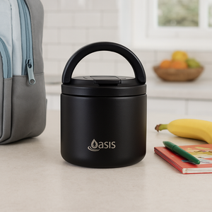 OASIS STAINLESS STEEL DOUBLE WALL INSULATED FOOD FLASK W/ QUICK RELEASE LID & SPORK 550ML - Black