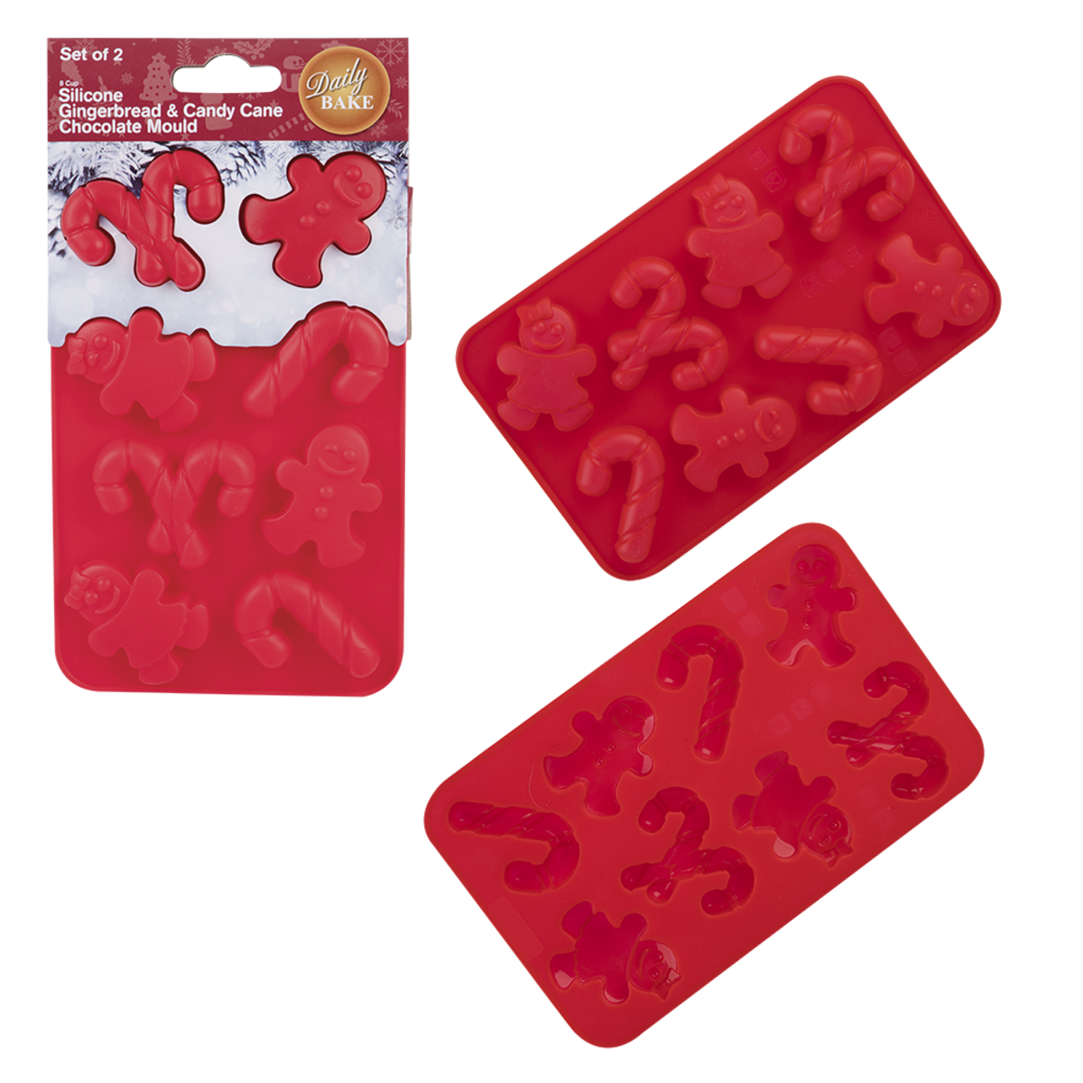 DAILY BAKE SILICONE GINGERBREAD &amp; CANDY CANE 8 CUP CHOCOLATE MOULD SET 2 - RED
