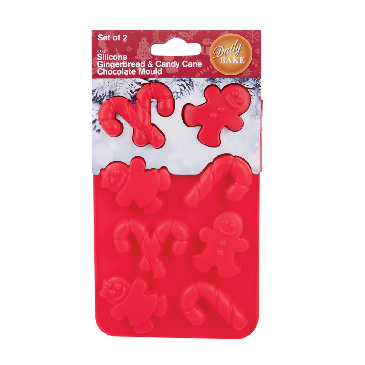 DAILY BAKE SILICONE GINGERBREAD &amp; CANDY CANE 8 CUP CHOCOLATE MOULD SET 2 - RED