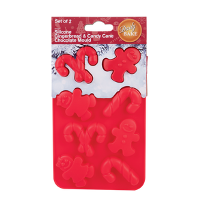 DAILY BAKE SILICONE GINGERBREAD & CANDY CANE 8 CUP CHOCOLATE MOULD SET 2 - RED