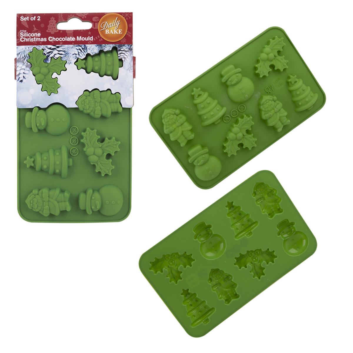 DAILY BAKE SILICONE XMAS ASSORTMENT 8 CUP CHOCOLATE MOULD SET 2 - GREEN