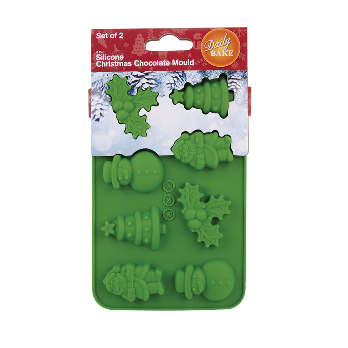 DAILY BAKE SILICONE XMAS ASSORTMENT 8 CUP CHOCOLATE MOULD SET 2 - GREEN