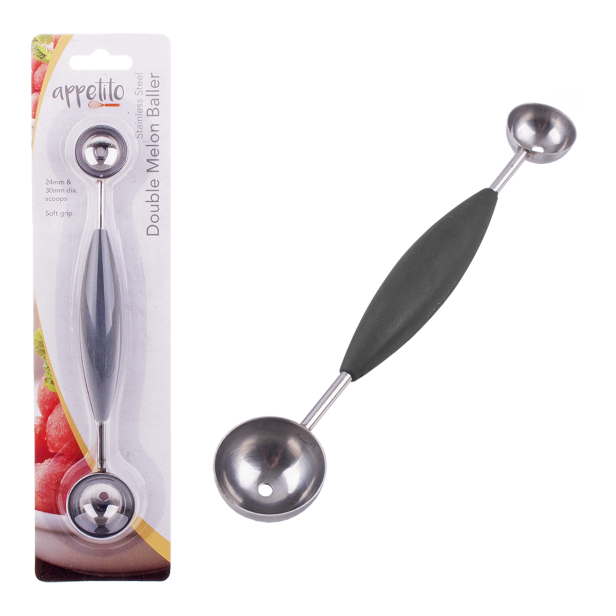 STAINLESS STEEL DOUBLE MELON BALLER W/ SOFT GRIP