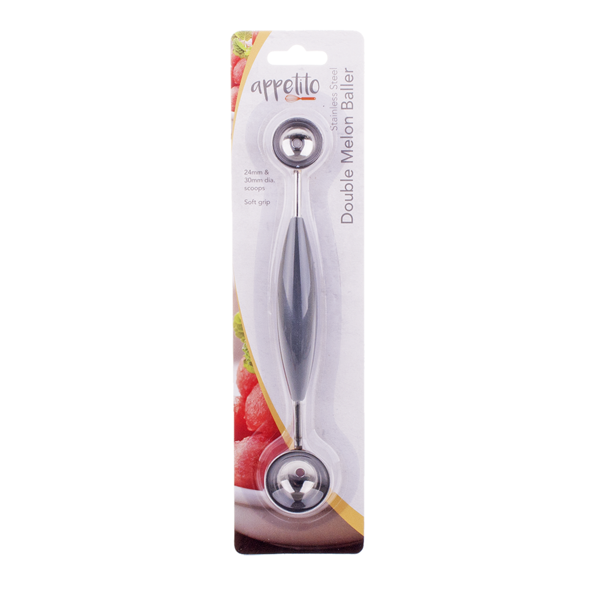 STAINLESS STEEL DOUBLE MELON BALLER W/ SOFT GRIP