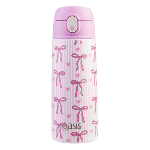 OASIS STAINLESS STEEL DOUBLE WALL INSULATED KID'S DRINK BOTTLE W/ SIPPER 550ML - BOWS & HEARTS