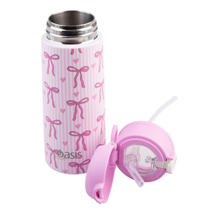 OASIS STAINLESS STEEL DOUBLE WALL INSULATED KID'S DRINK BOTTLE W/ SIPPER 550ML - BOWS & HEARTS