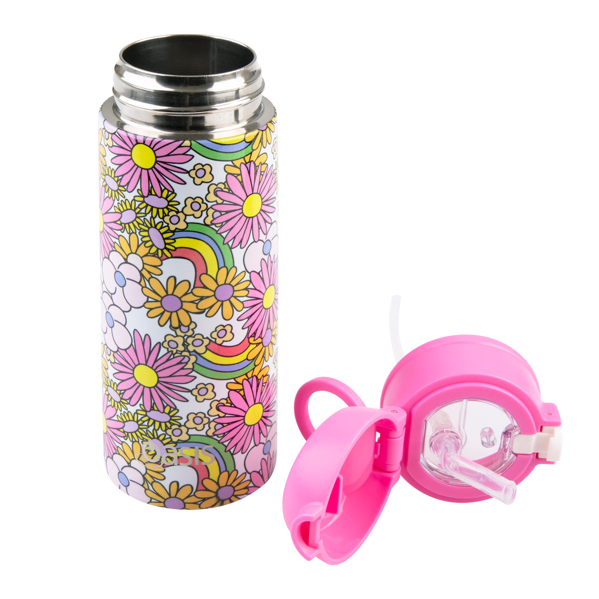 OASIS STAINLESS STEEL DOUBLE WALL INSULATED KID'S DRINK BOTTLE W/ SIPPER 550ML - FLOWER POWER