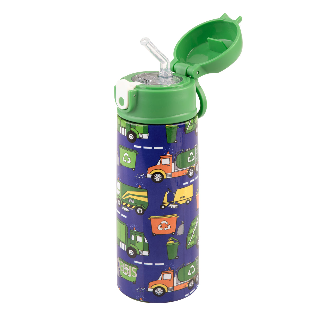 OASIS STAINLESS STEEL DOUBLE WALL INSULATED KID'S DRINK BOTTLE W/ SIPPER 550ML - GARBAGE TRUCKS