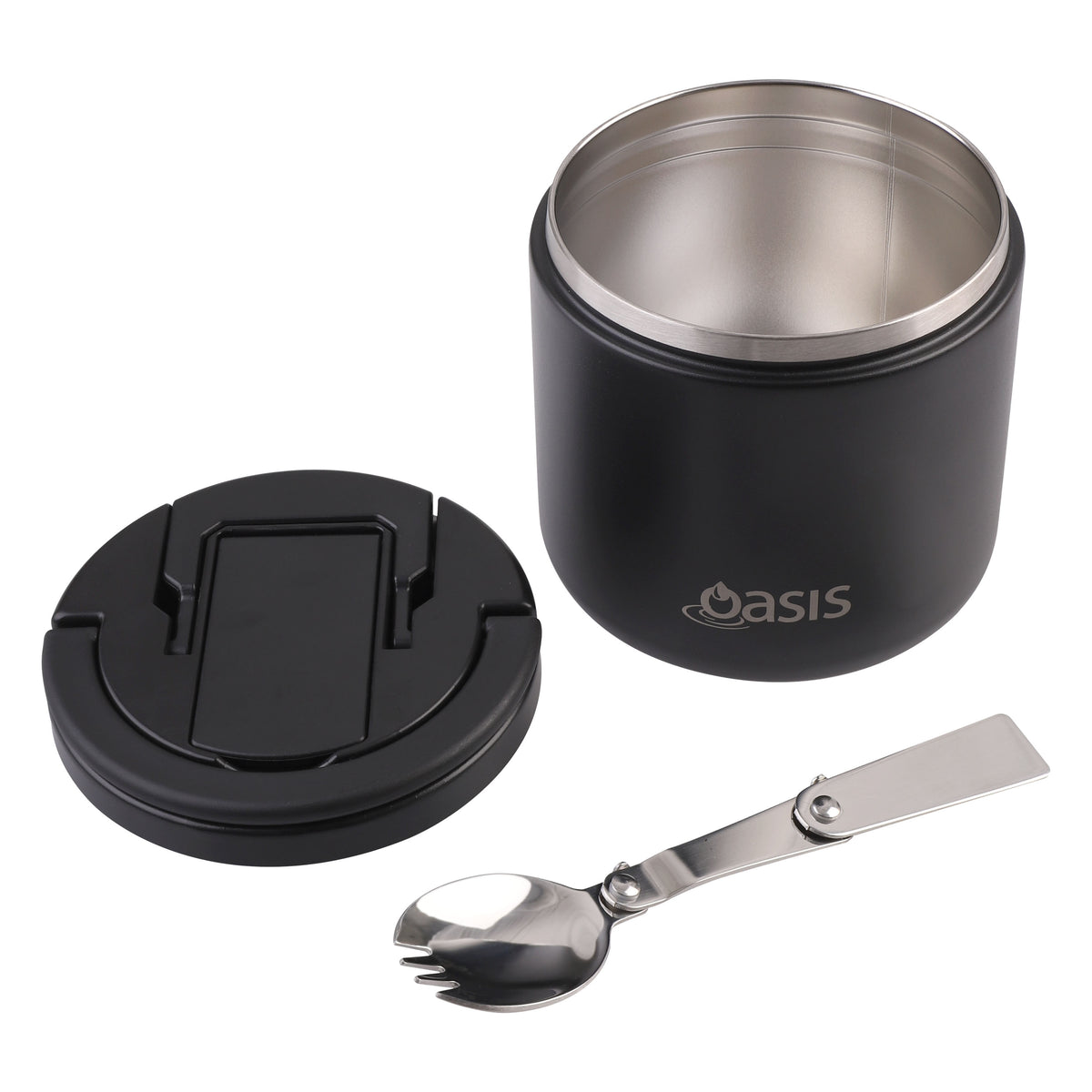 OASIS STAINLESS STEEL DOUBLE WALL INSULATED FOOD FLASK W/ QUICK RELEASE LID &amp; SPORK 550ML - Black