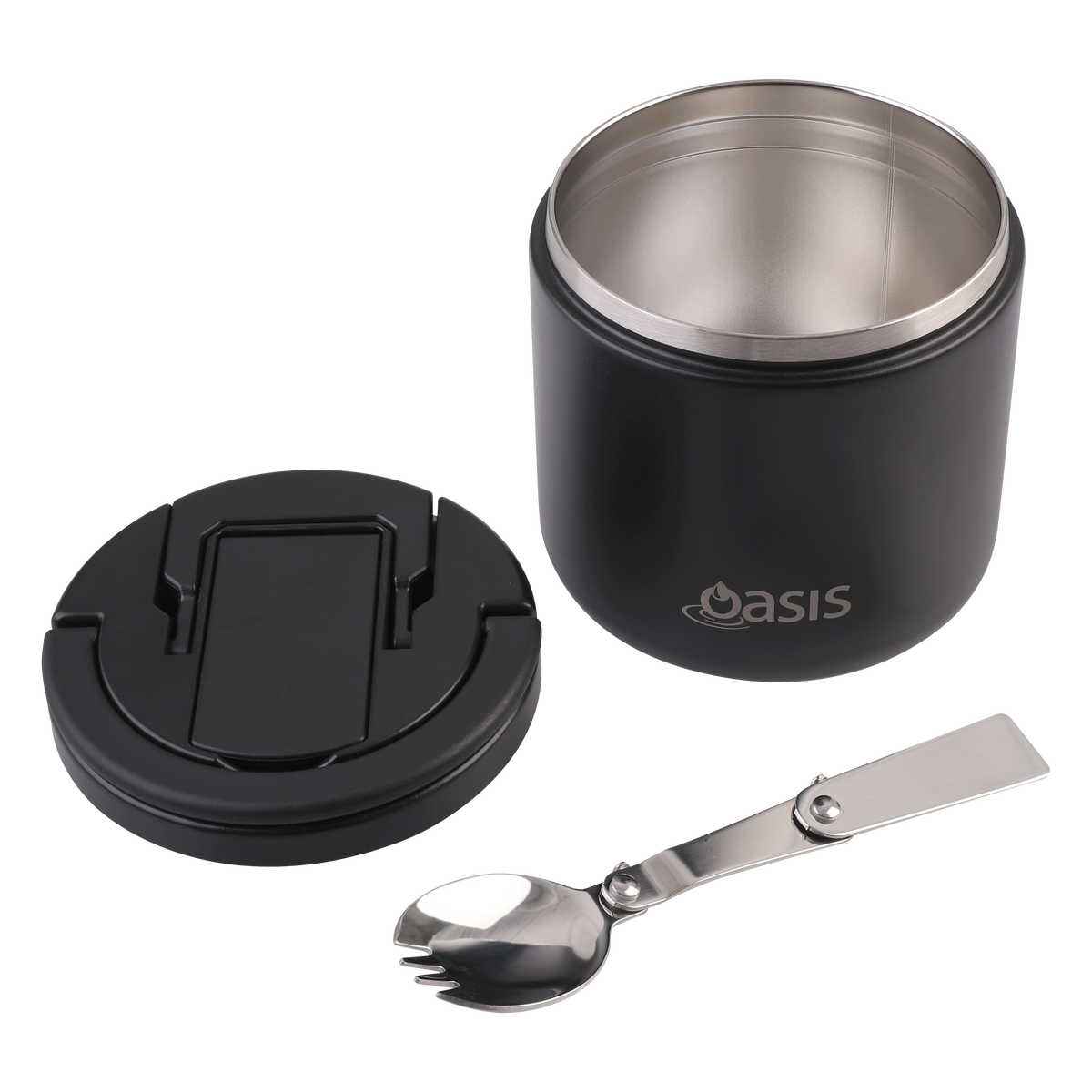 OASIS STAINLESS STEEL DOUBLE WALL INSULATED FOOD FLASK W/ QUICK RELEASE LID &amp; SPORK 550ML - Black