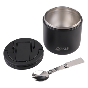 OASIS STAINLESS STEEL DOUBLE WALL INSULATED FOOD FLASK W/ QUICK RELEASE LID & SPORK 550ML - Black