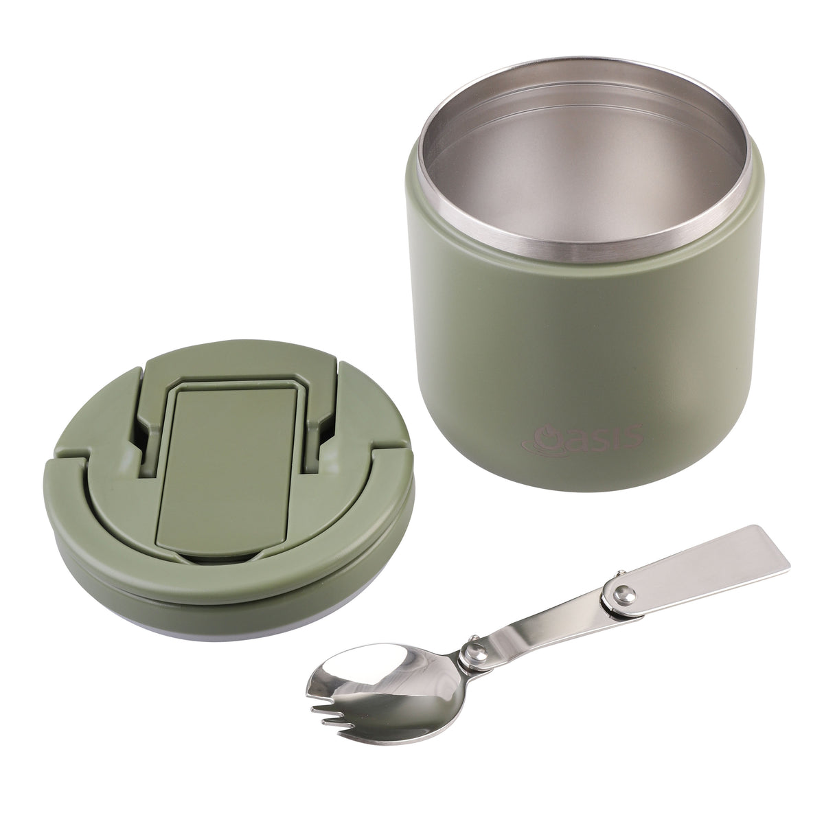 OASIS STAINLESS STEEL DOUBLE WALL INSULATED FOOD FLASK W/ QUICK RELEASE LID &amp; SPORK 550ML - Olive Green
