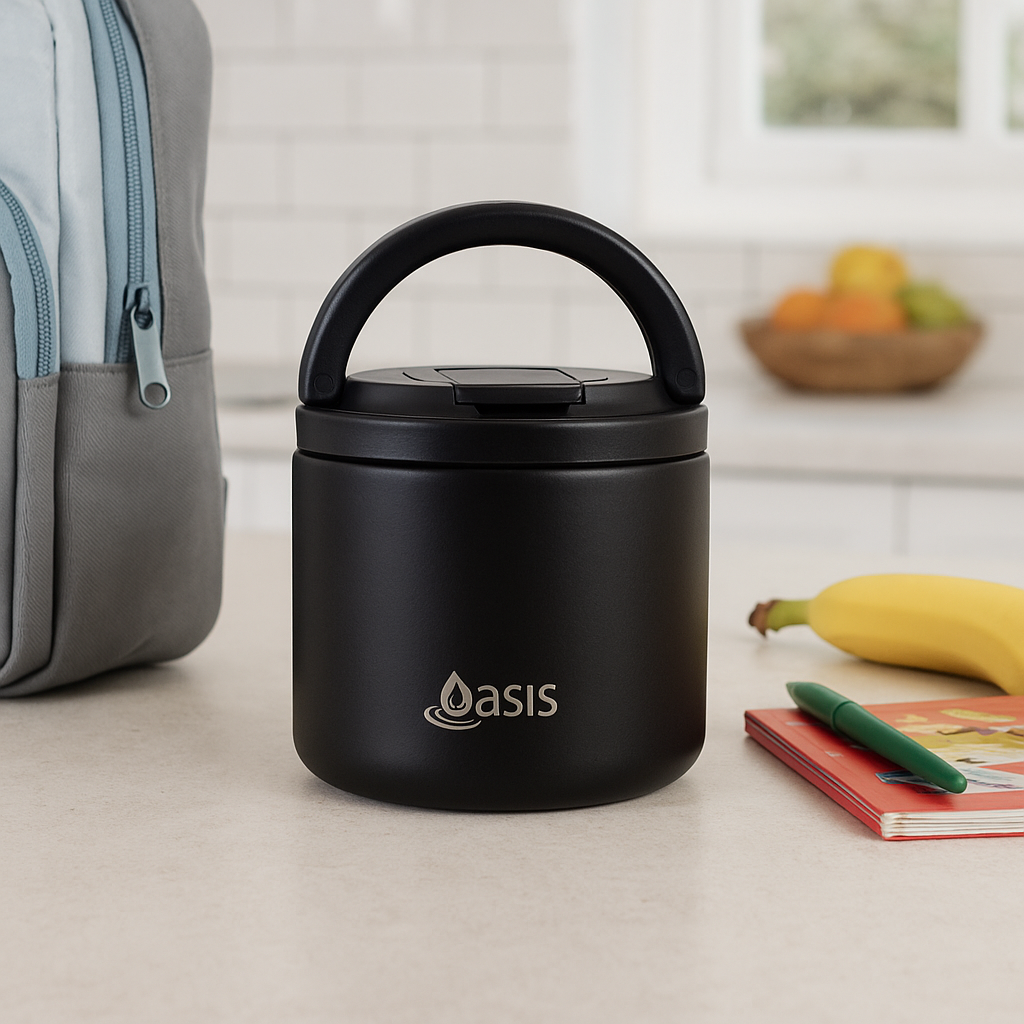 OASIS STAINLESS STEEL DOUBLE WALL INSULATED FOOD FLASK W/ QUICK RELEASE LID &amp; SPORK 550ML - Black