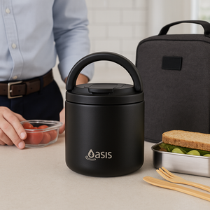 OASIS STAINLESS STEEL DOUBLE WALL INSULATED FOOD FLASK W/ QUICK RELEASE LID & SPORK 550ML - Black