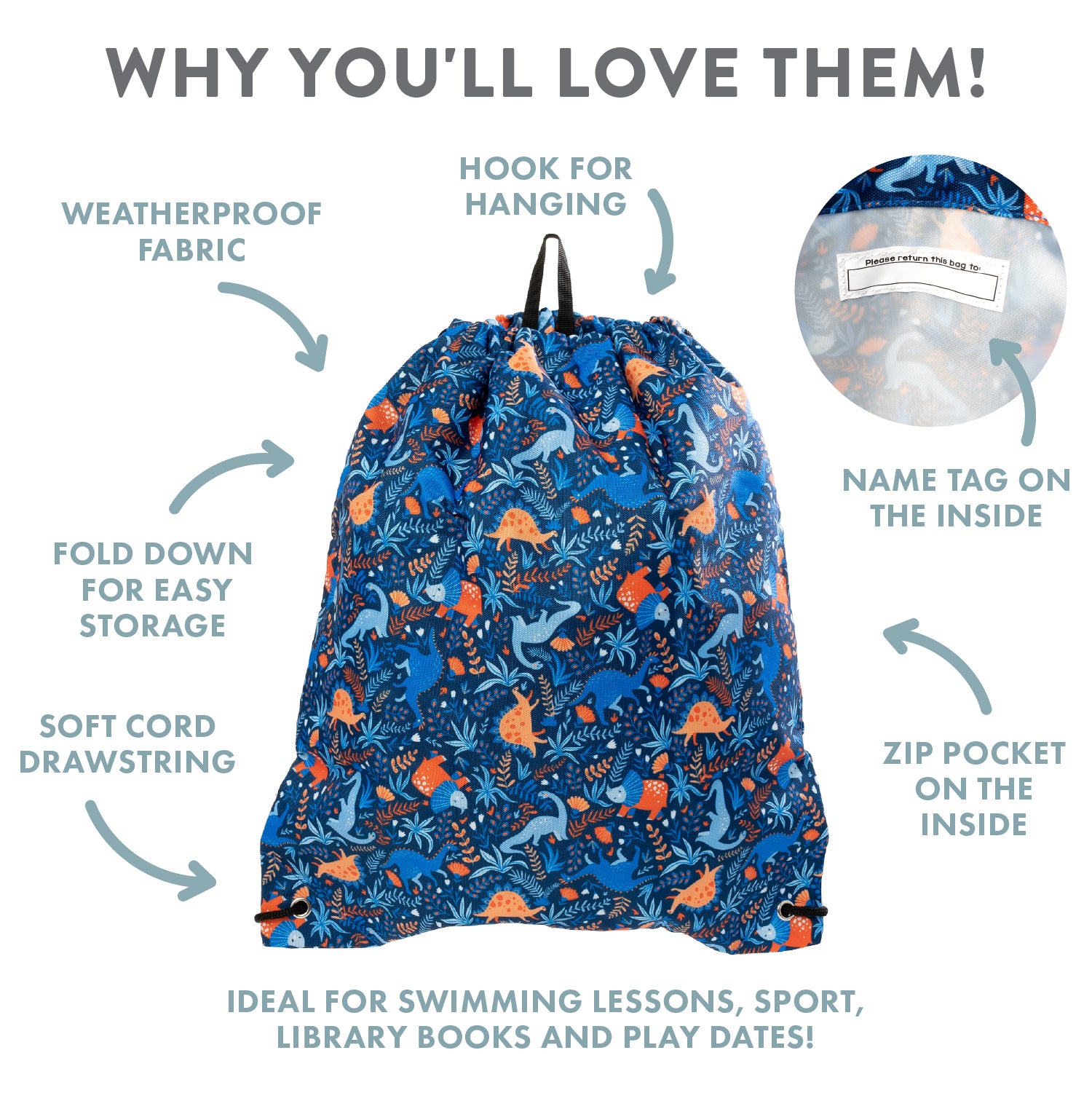 Out and About Drawstring Bag - Dinosaur